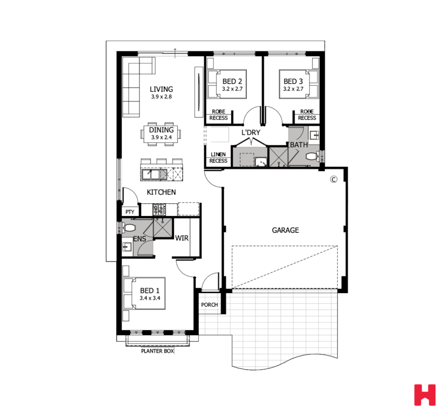 image of the floor plan for Byron a 3x2 house plan Perth from Homebuyers Centre WA.