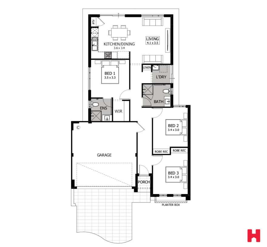 Floor plan of Crete 3x2 new home design from Homebuyers Centre